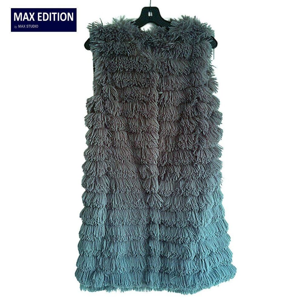 MAX EDITION by Max Studio NEW Old Money Fox Long Hair Faux Fur Mid-Length Vest S